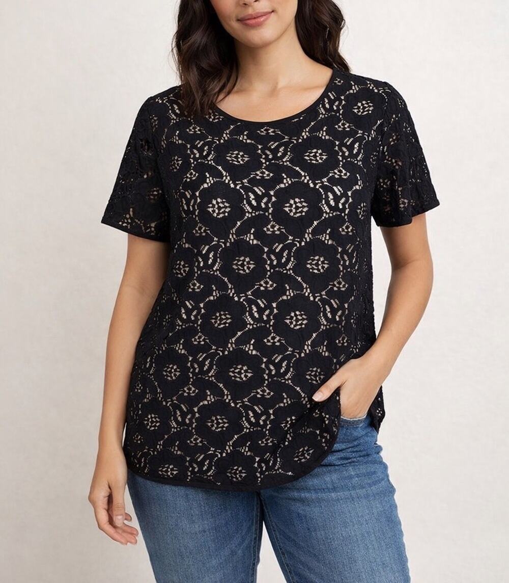 Ann Taylor LOFT Black Lace Sheer Blouse Short Sleeve Floral Top Women Medium